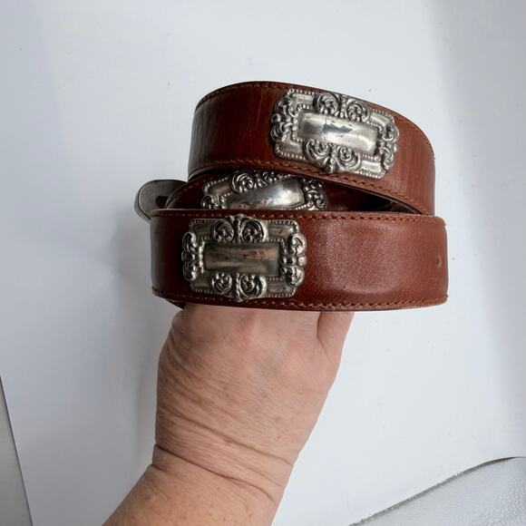 Fossil Vintage Brown Leather Western Belt Silver Concho Style Buckle Unisex L - Picture 3 of 6